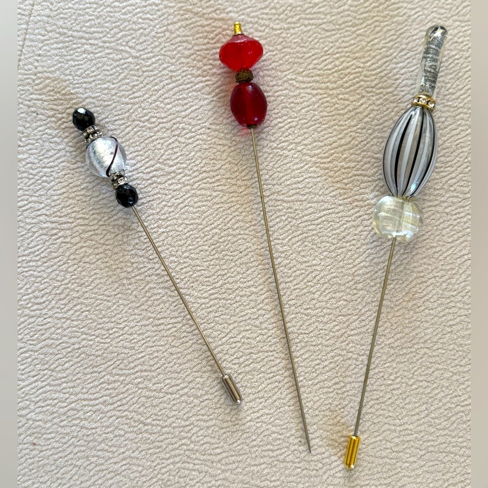 Elegant Beaded and Murano glass Hat Pins  - Black, Red, Silver
